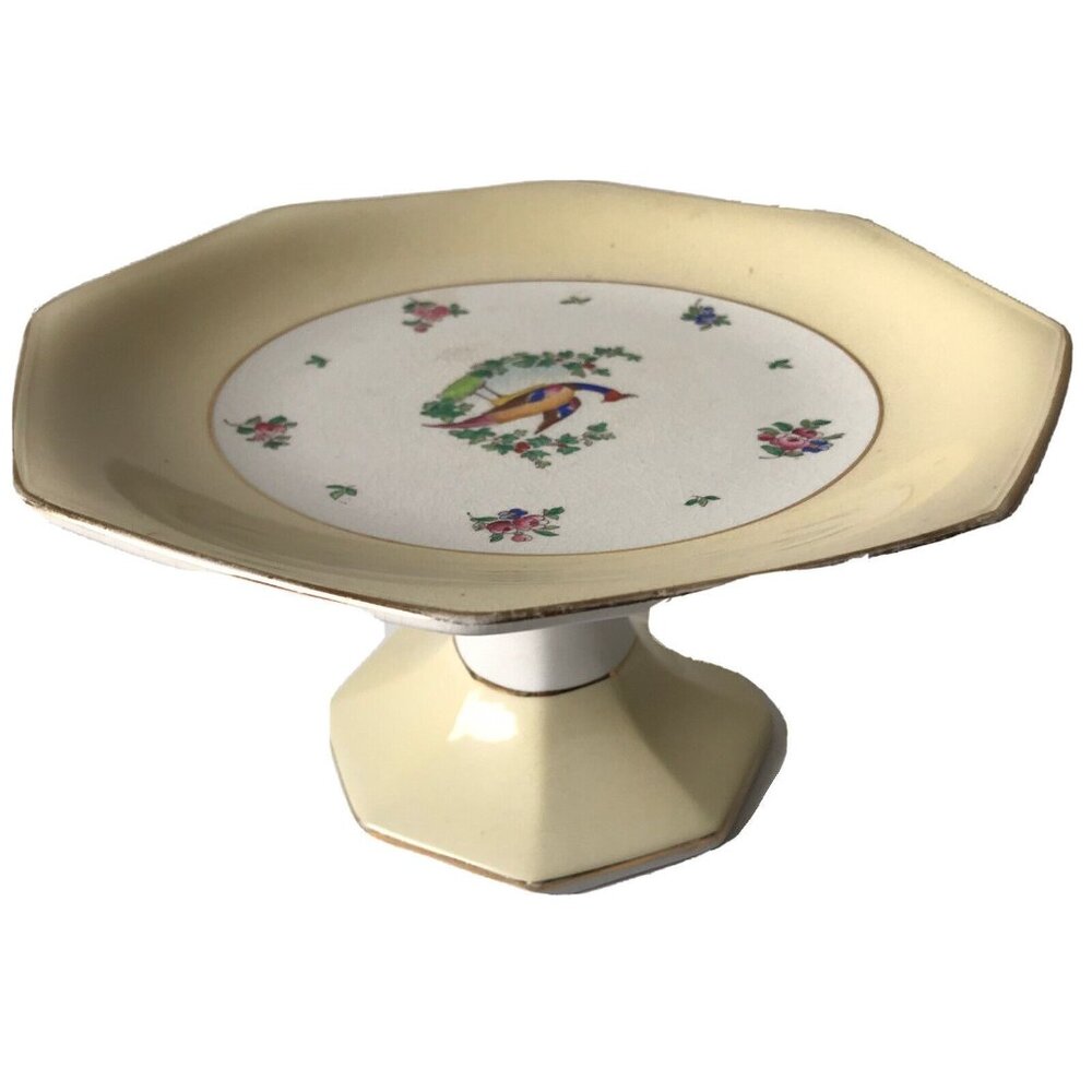Old Bow vtg yellow octagonal‎ pedestal cake stand floral bird pheasant England